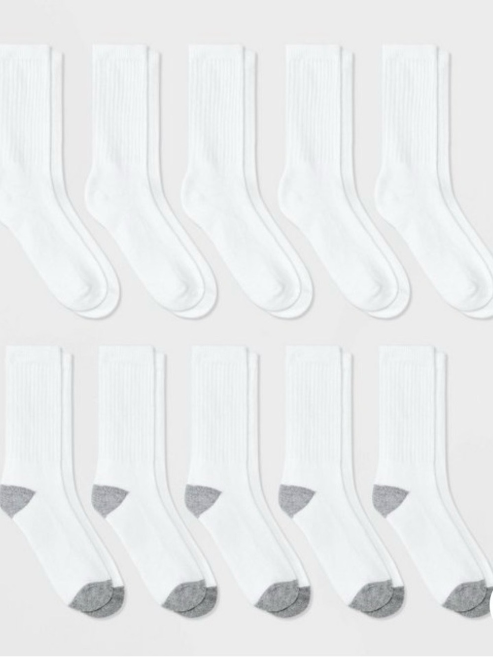 Cat & Jack White Crew Socks with Gray Heel & Toe - 10 Pack large shoe size 3-7